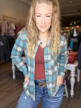 Load image into Gallery viewer, Teal Plaid Roll Up Sleeve Top