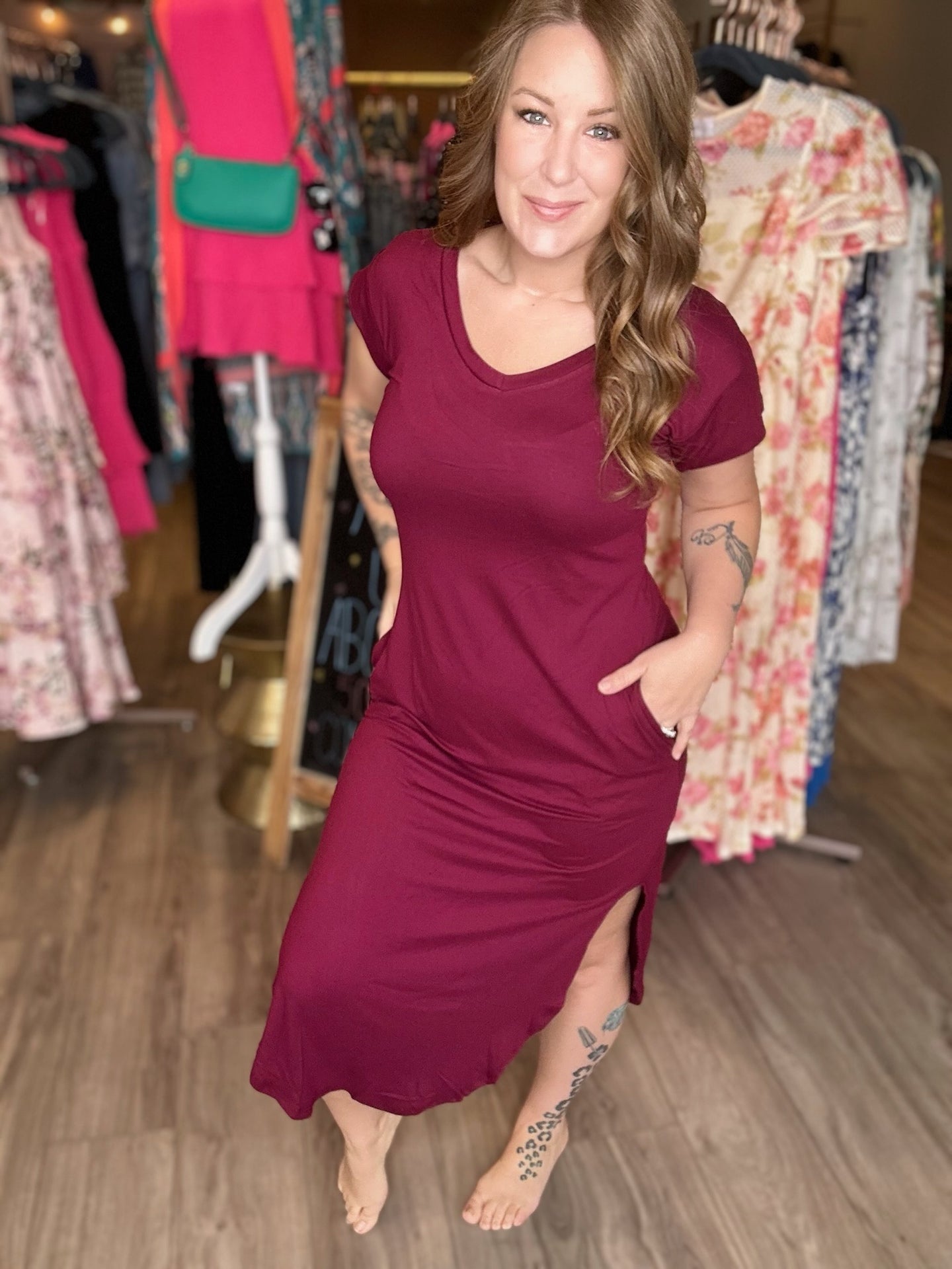 Burgundy Short Sleeve Maxi Dress S