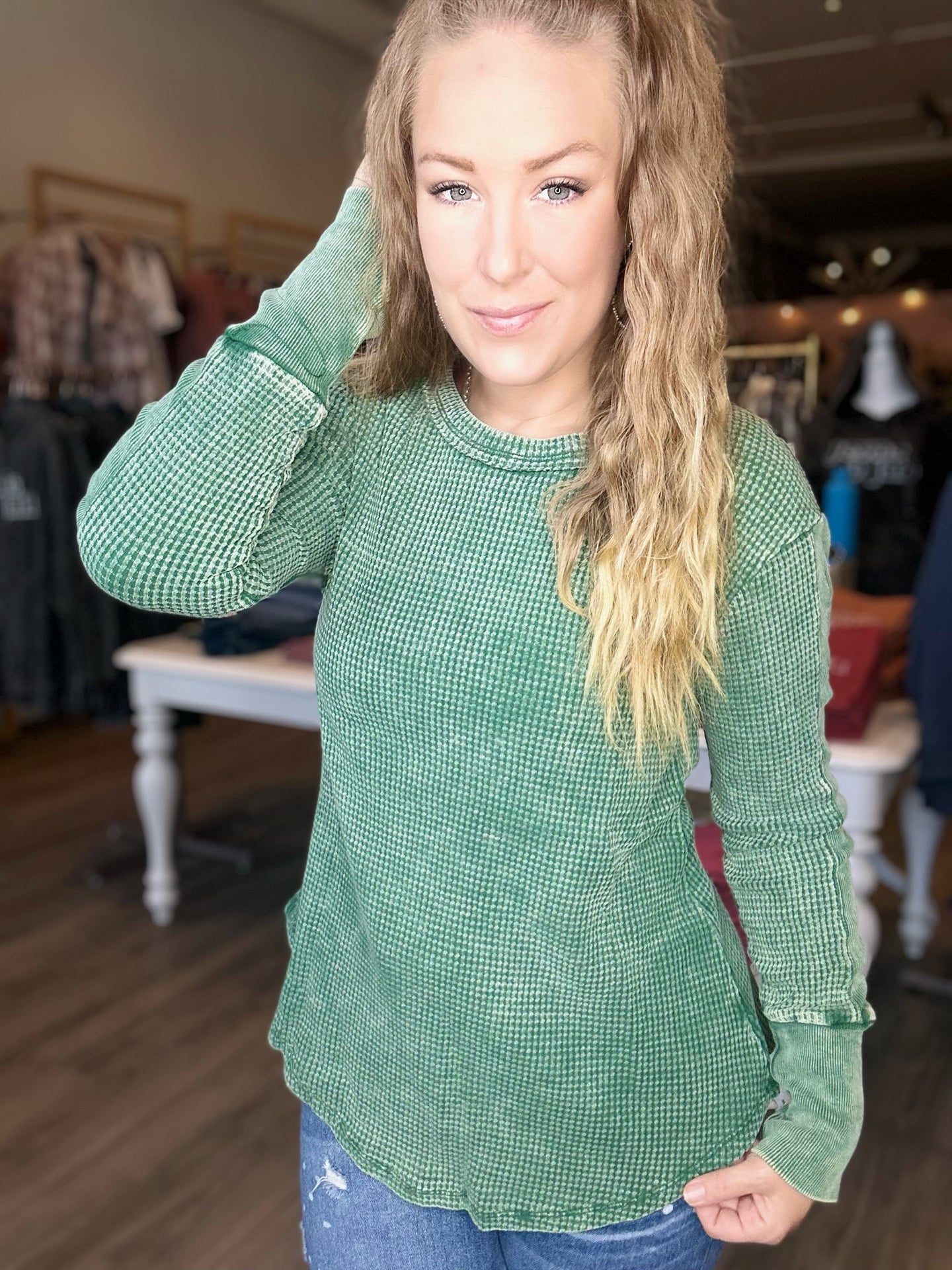 Green Washed Long Sleeve Top
