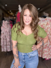 Load image into Gallery viewer, Olive Sweetheart Ruched Bodysuit