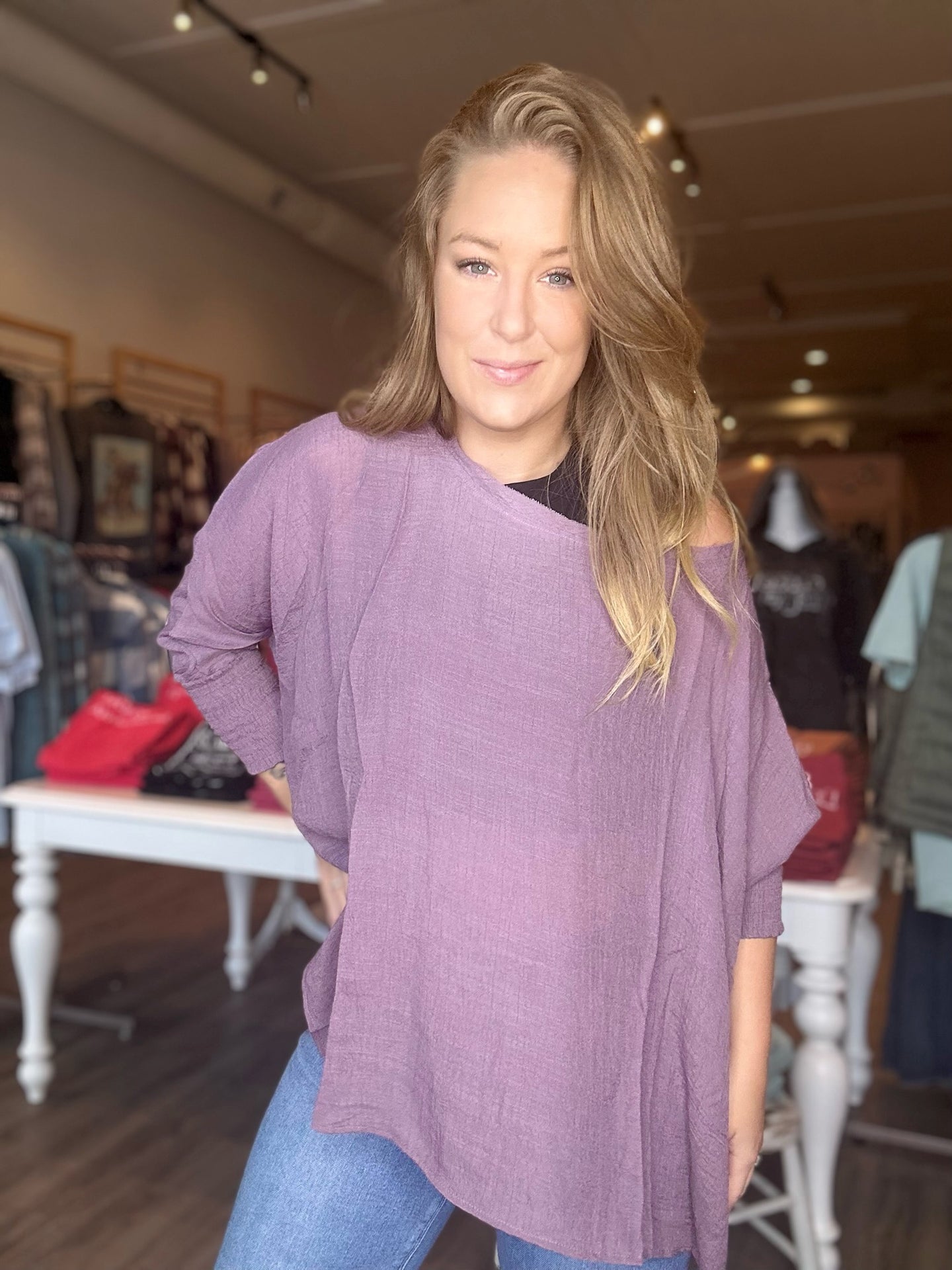 Mulberry Linen Dolman Smock Sleeve Top