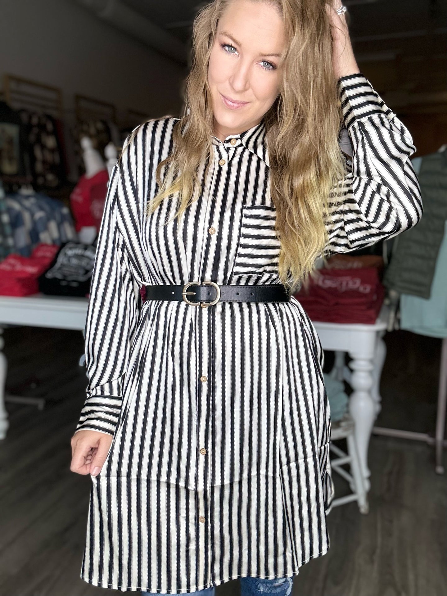 Black Striped Long Sleeve Shirt Dress
