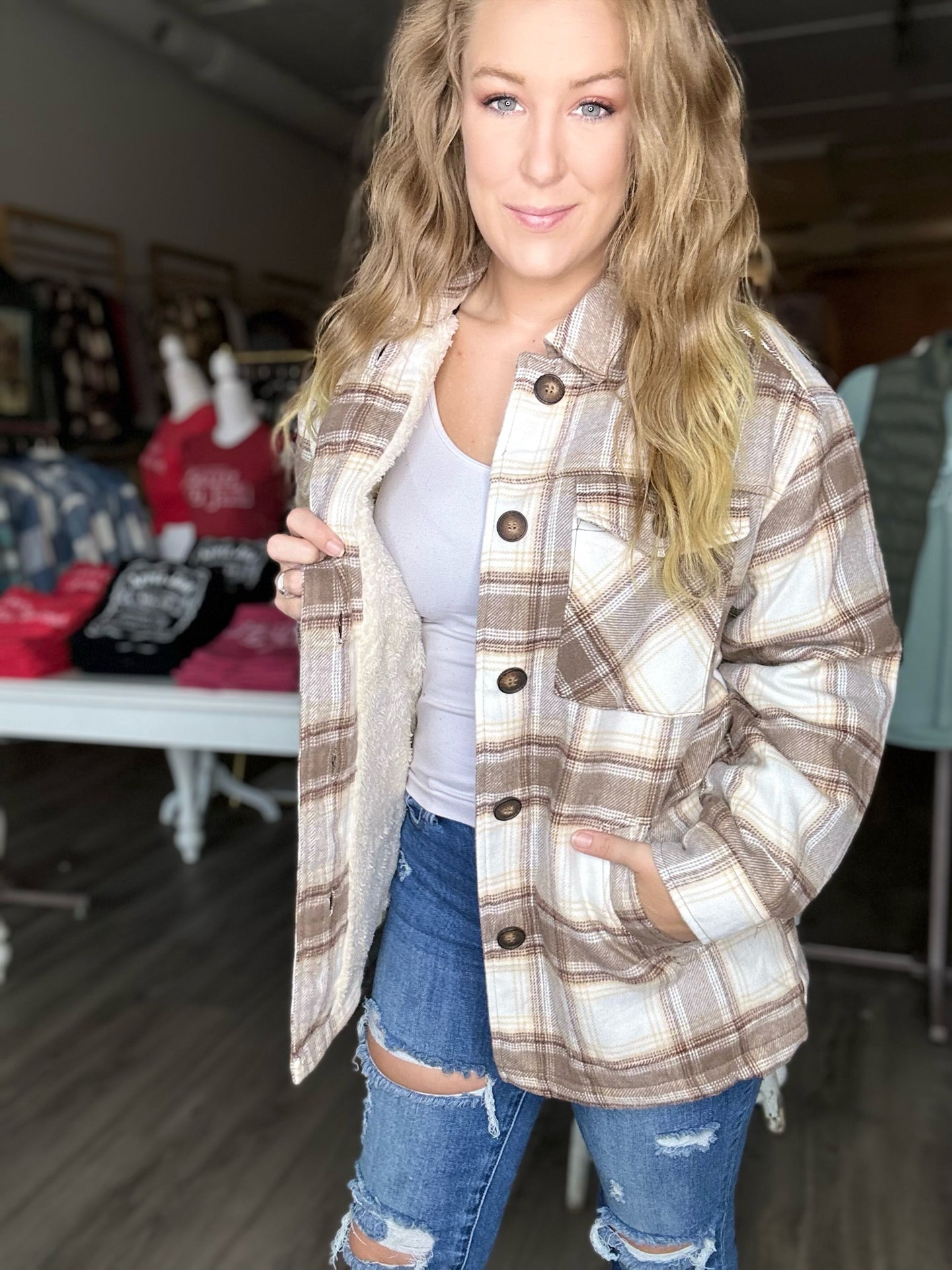 Cocoa Plaid Sherpa Lined Jacket