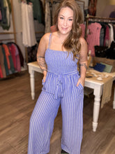 Load image into Gallery viewer, Blue &amp; White Striped Wide Leg Jumpsuit