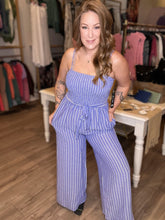 Load image into Gallery viewer, Blue &amp; White Striped Wide Leg Jumpsuit