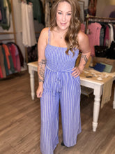 Load image into Gallery viewer, Blue &amp; White Striped Wide Leg Jumpsuit