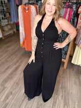Load image into Gallery viewer, Black Halter Button Front Jumpsuit