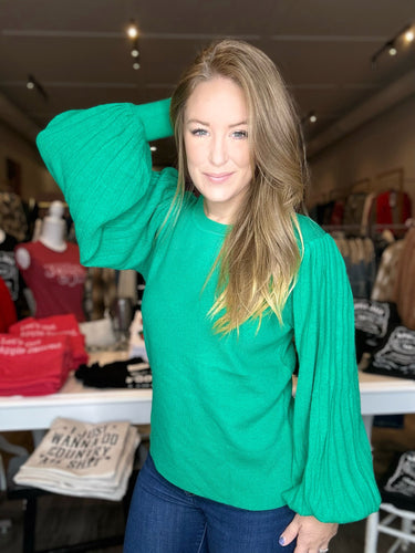 Kelly Green Pleated Puff Sleeve Sweater
