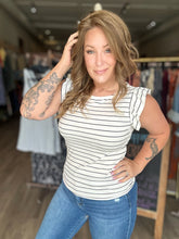 Load image into Gallery viewer, Ivory Stripe Ruffle Cap Sleeve Top