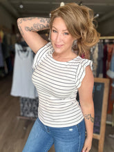 Load image into Gallery viewer, Ivory Stripe Ruffle Cap Sleeve Top