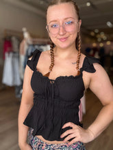 Load image into Gallery viewer, Black Sweetheart Front Tie Top