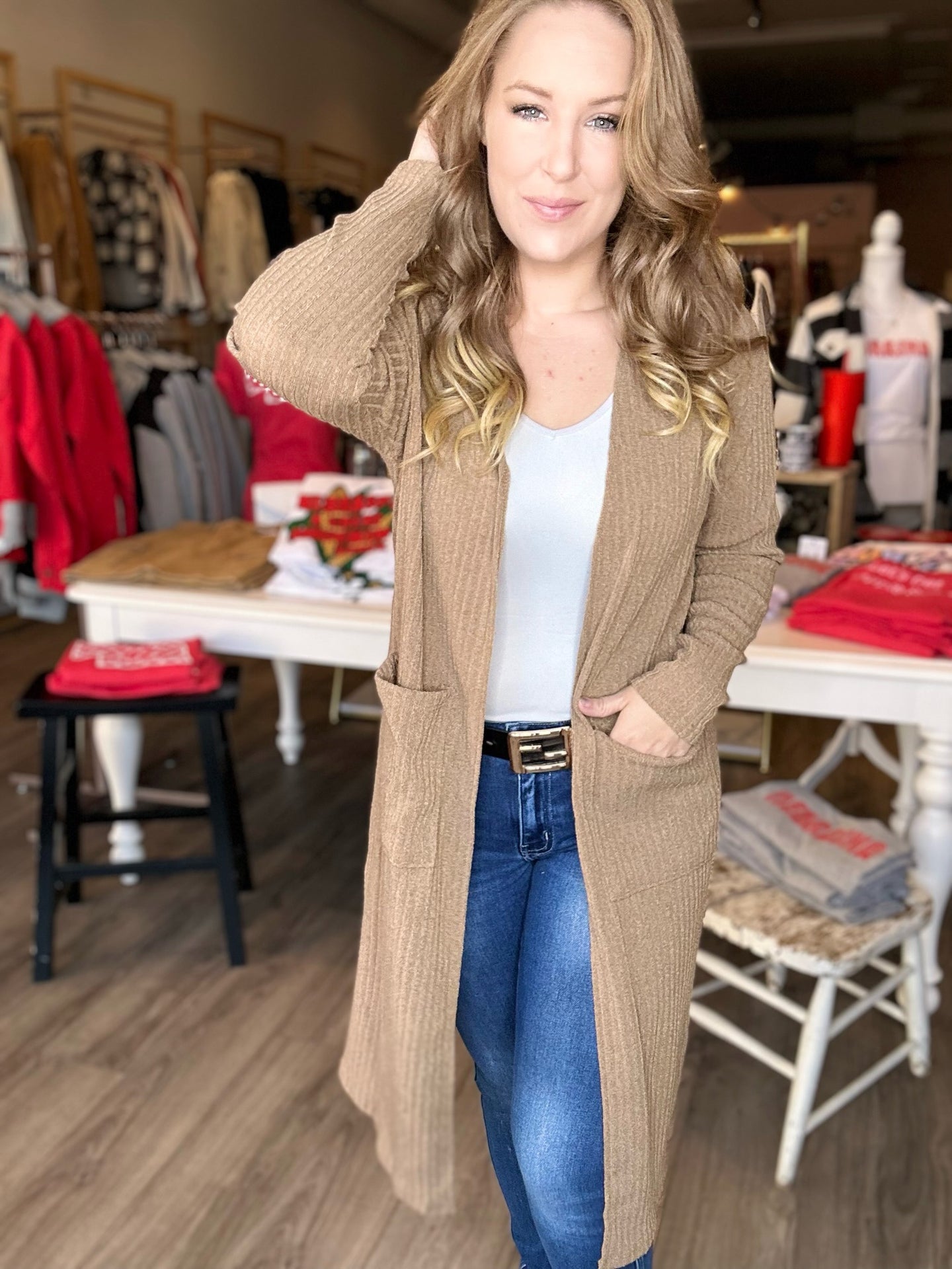 Taupe Long Open Front Cardigan