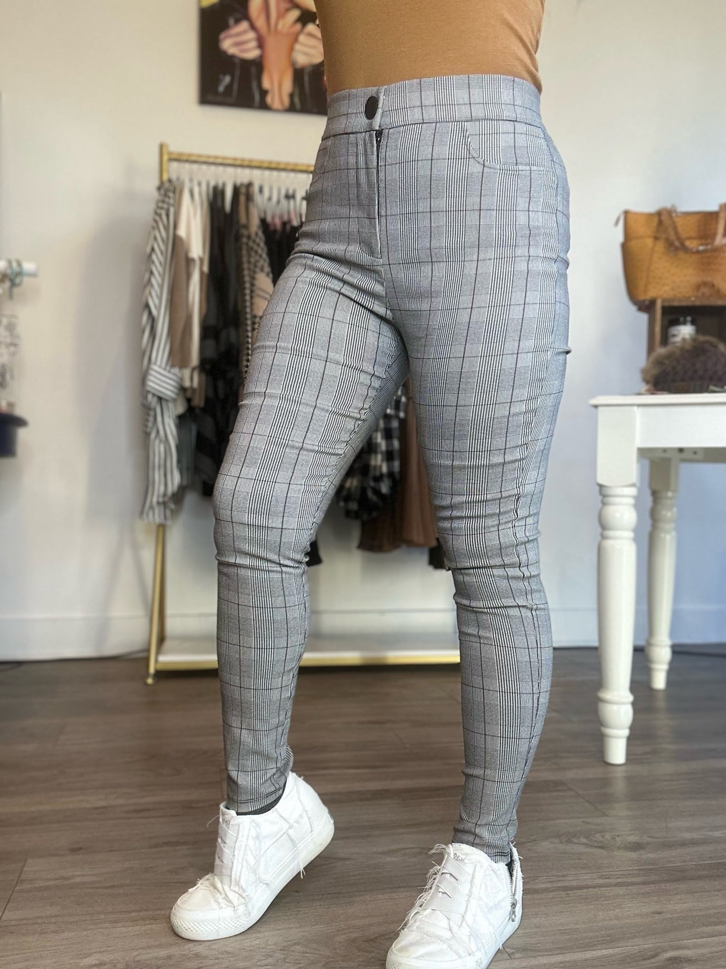 Grey High Waist Plaid Pants