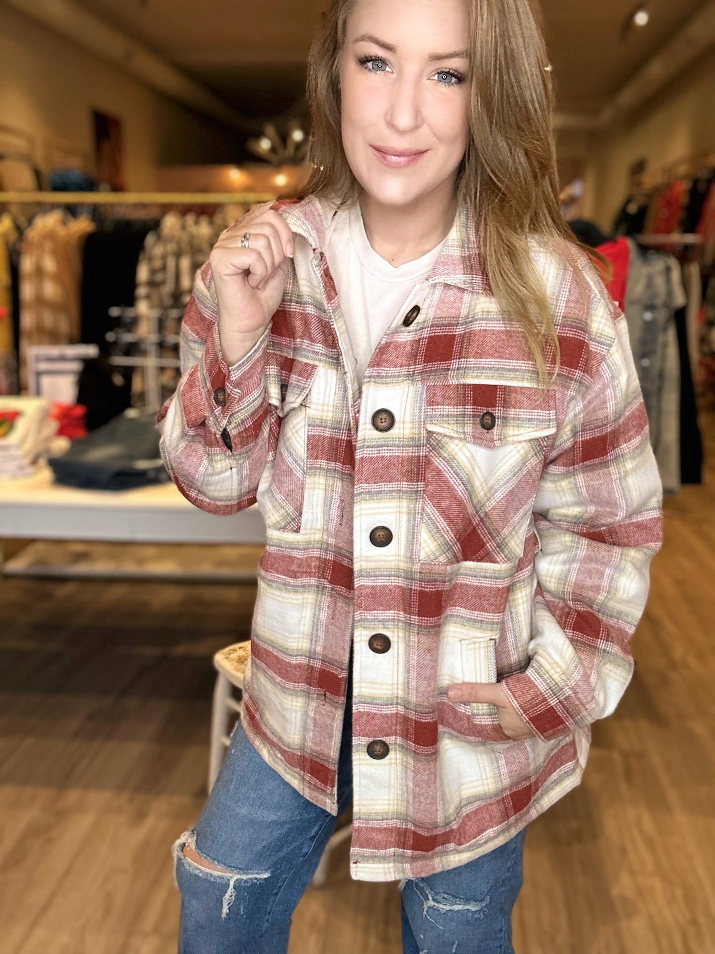 Terra Cotta Plaid Sherpa Lined Jacket