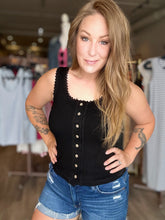 Load image into Gallery viewer, Black Trimmed Buttoned Tank