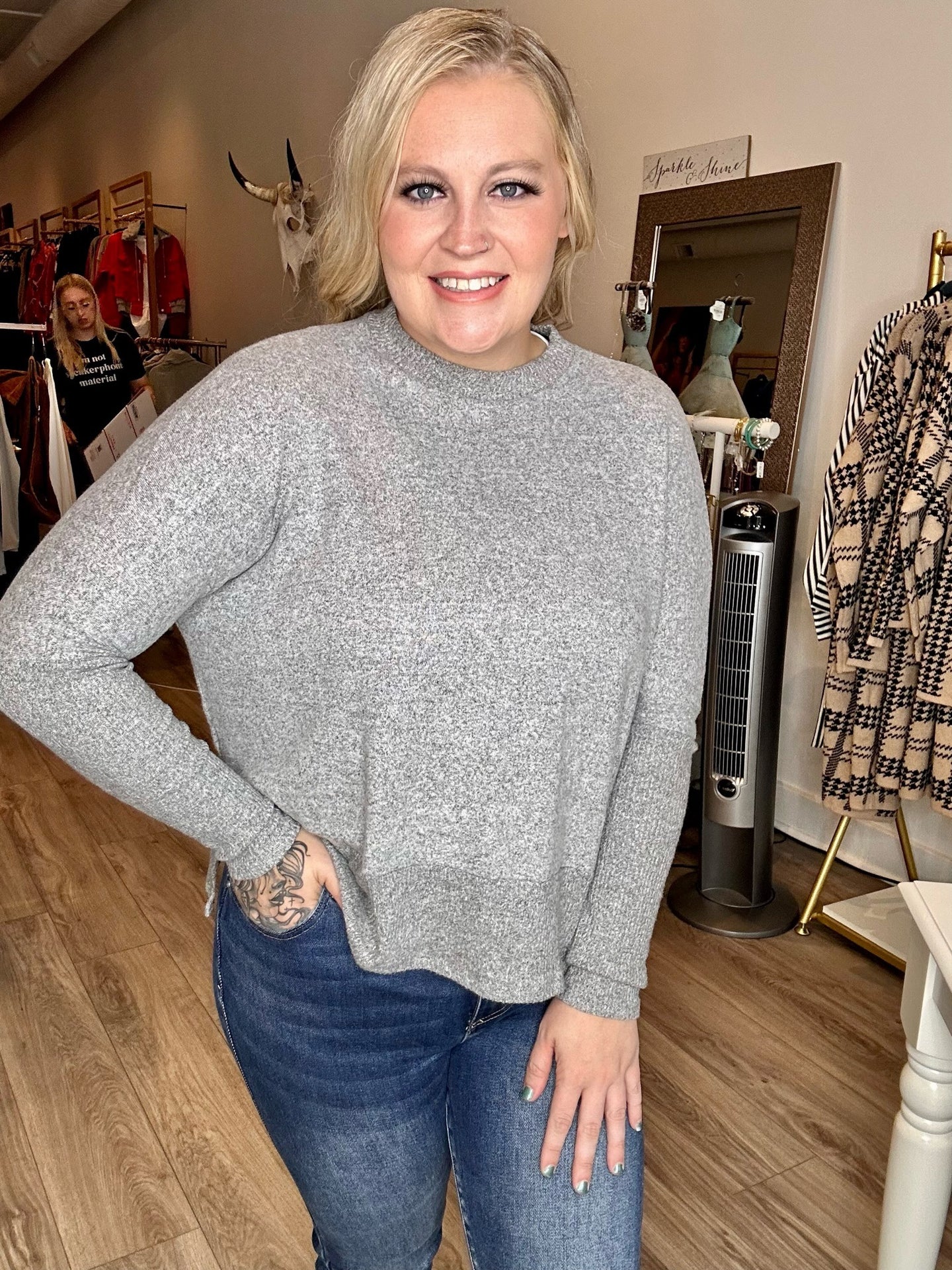 Grey Ribbed Hem Long Sleeve Top