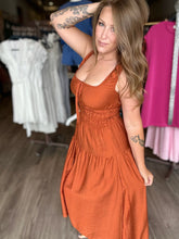 Load image into Gallery viewer, Satin Rust Tie Front Midi Dress