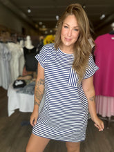 Load image into Gallery viewer, Blue Crew Neck Stripe T-Shirt Dress