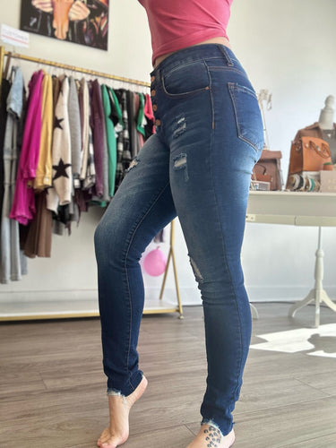 Button Down Distressed Skinny Jeans