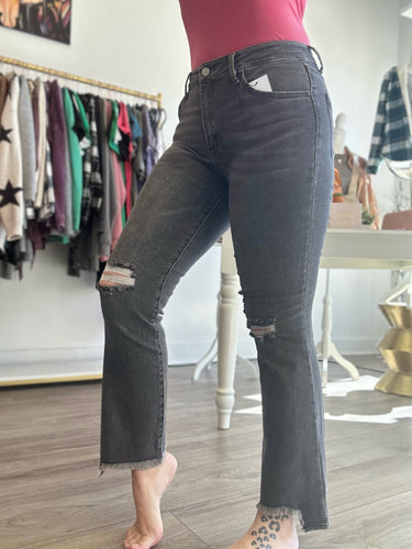Grey Distressed Crop Boot Cut Jeans