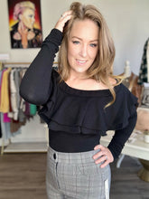 Load image into Gallery viewer, Black Cold Shoulder Ruffled BodySuit