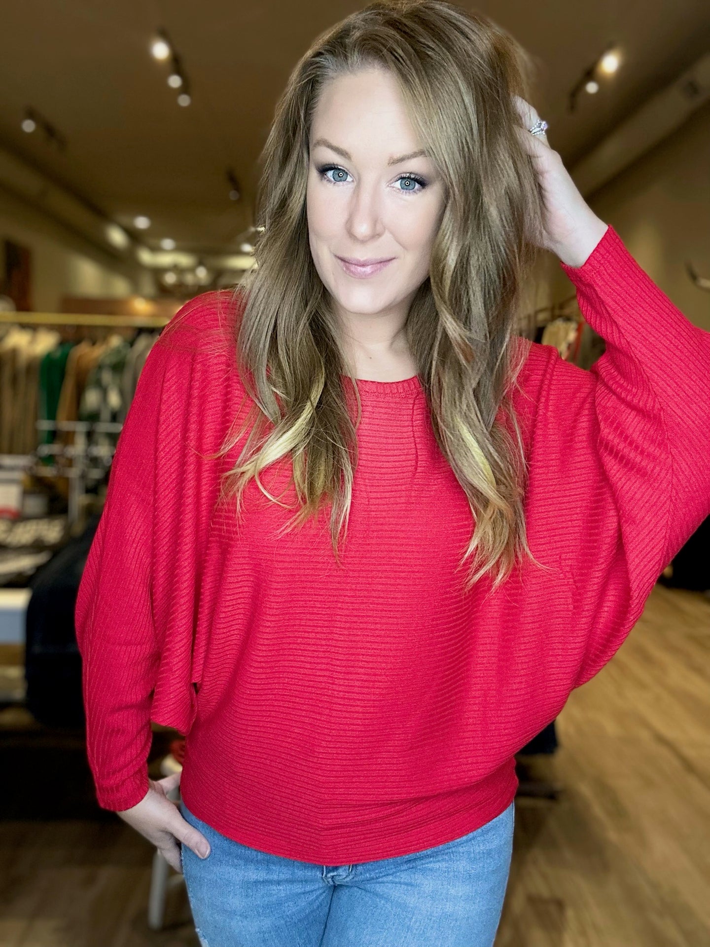 Ruby Ribbed Batwing Top