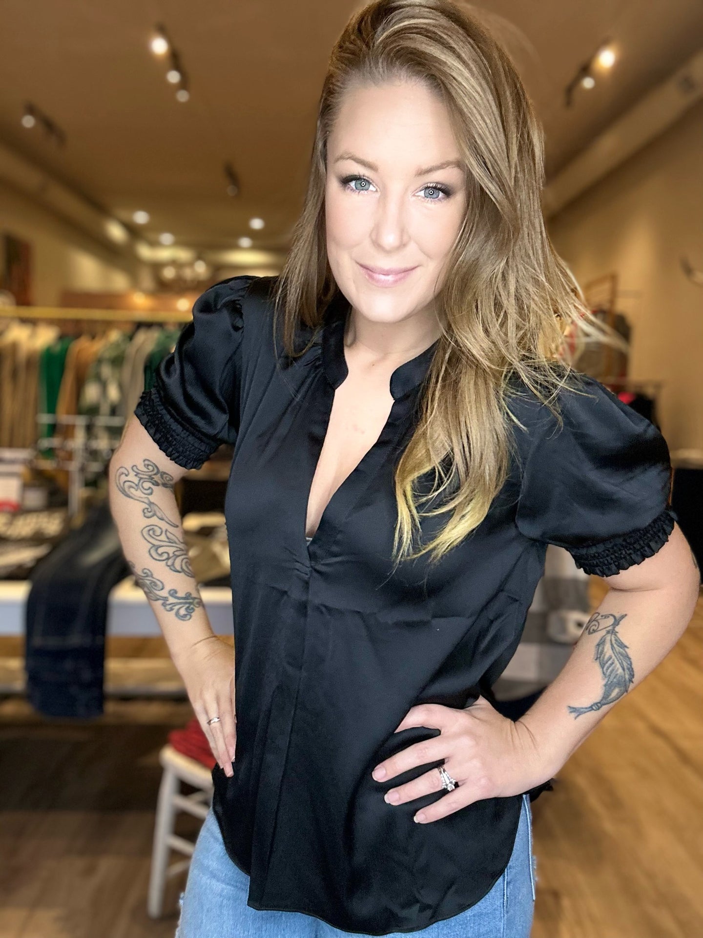 Black Split Neck Puff Sleeve Blouse