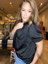 Load image into Gallery viewer, Black Split Neck Puff Sleeve Blouse