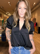 Load image into Gallery viewer, Black Split Neck Puff Sleeve Blouse