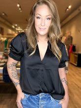 Load image into Gallery viewer, Black Split Neck Puff Sleeve Blouse