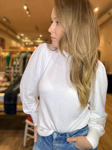 White Ribbed Bishop Sleeve Top