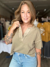 Load image into Gallery viewer, Mocha Split Neck Washed Short Sleeve