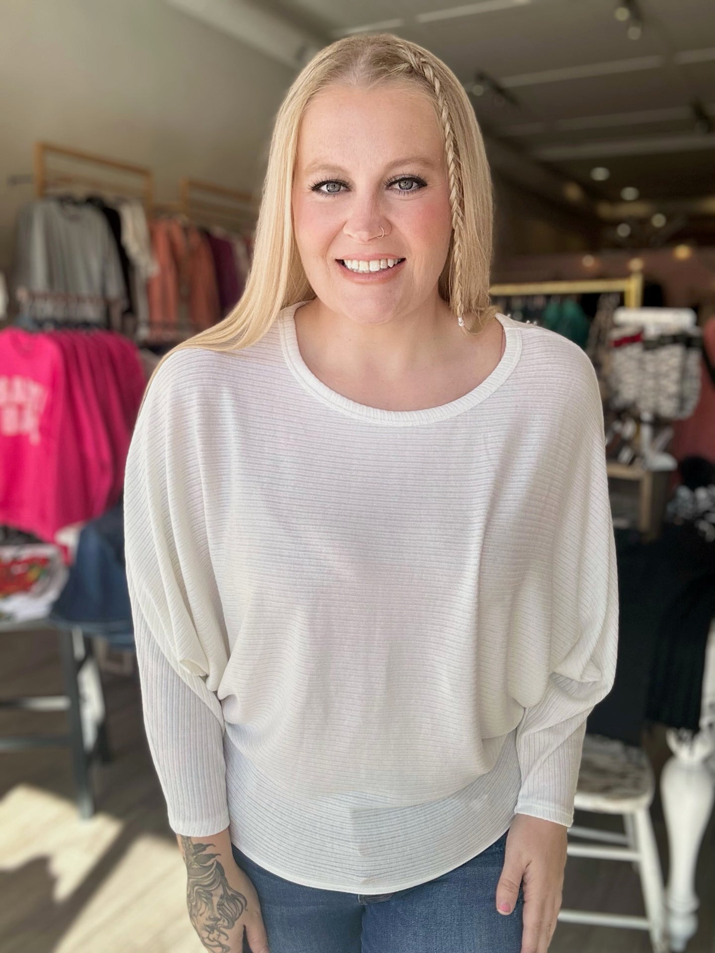 Ivory Ribbed Batwing Top