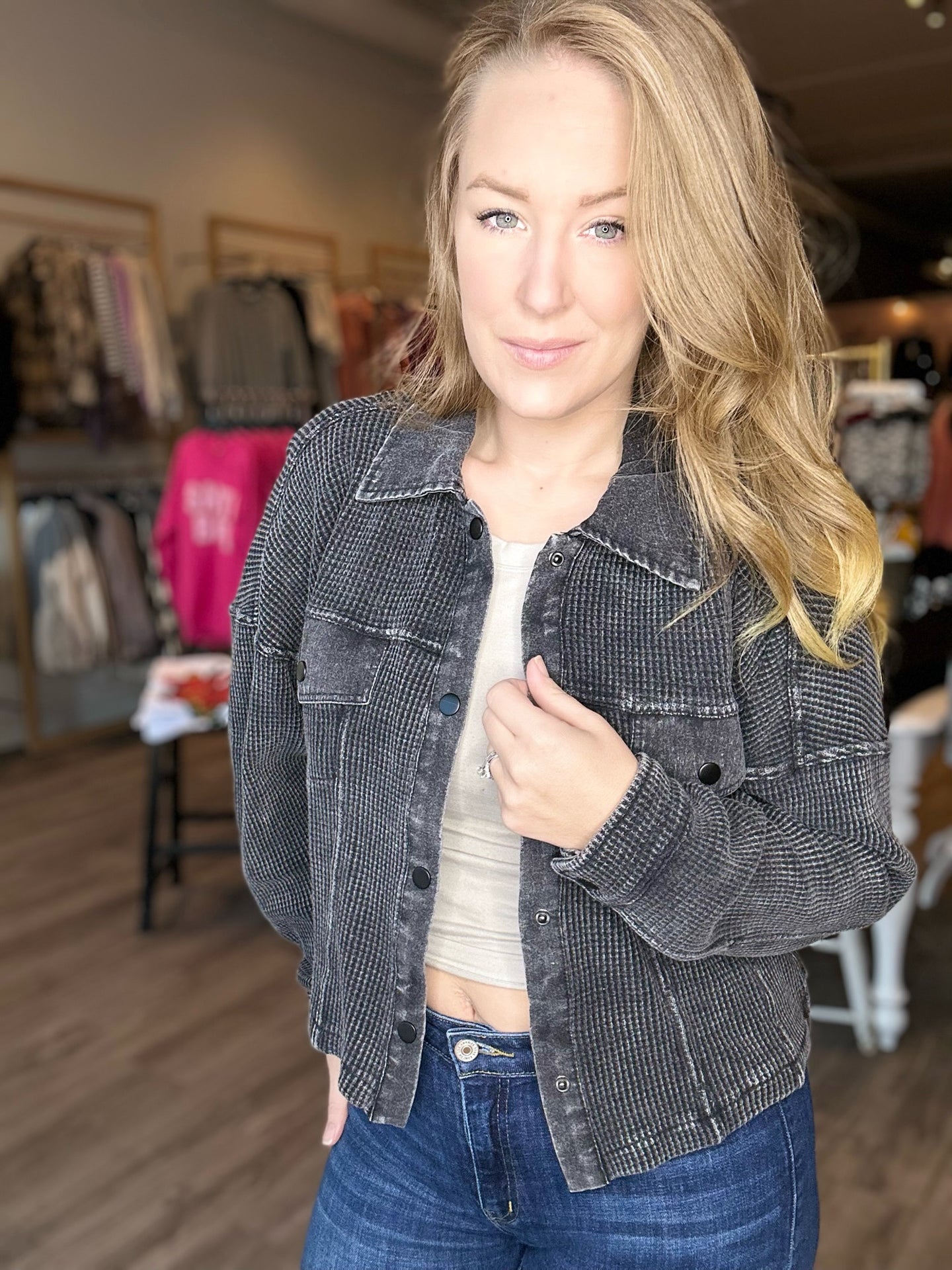Black Mineral Washed Waist Jacket
