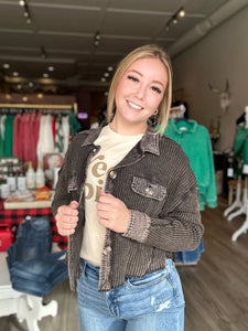 Black Waffle Button Up Waist Shacket