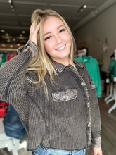 Load image into Gallery viewer, Black Waffle Button Up Waist Shacket
