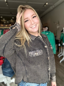 Black Waffle Button Up Waist Shacket