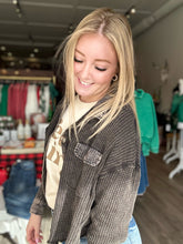 Load image into Gallery viewer, Black Waffle Button Up Waist Shacket