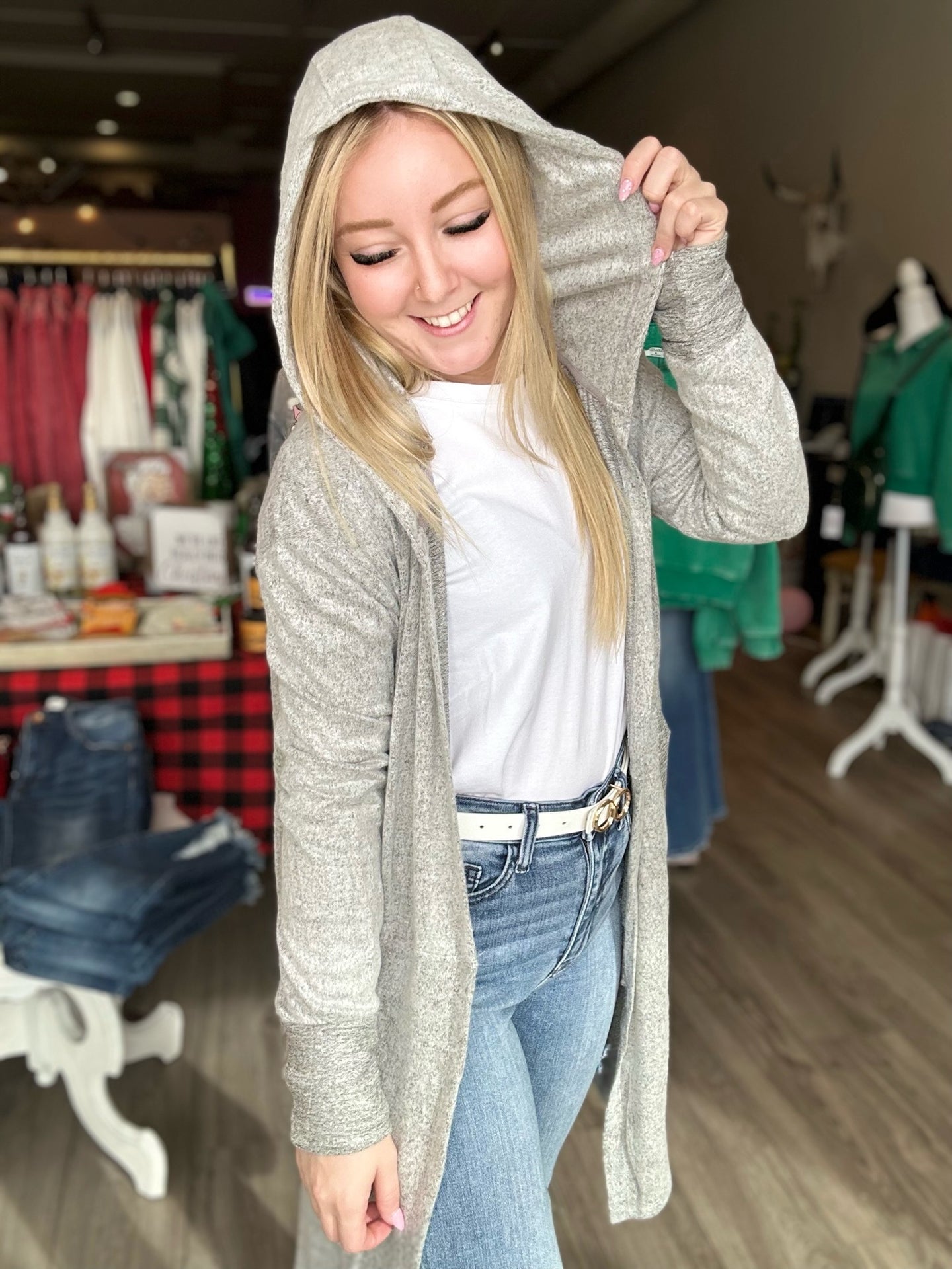 Charcoal Open Front Hooded Cardigan