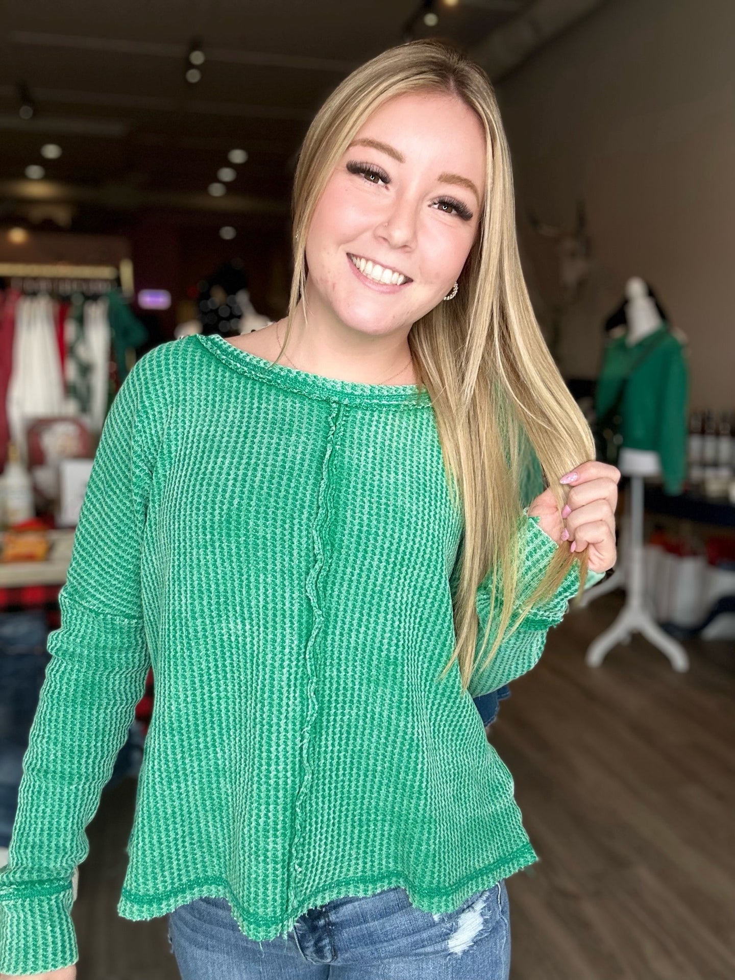 Kelly Green Washed Waffle Long Sleeve