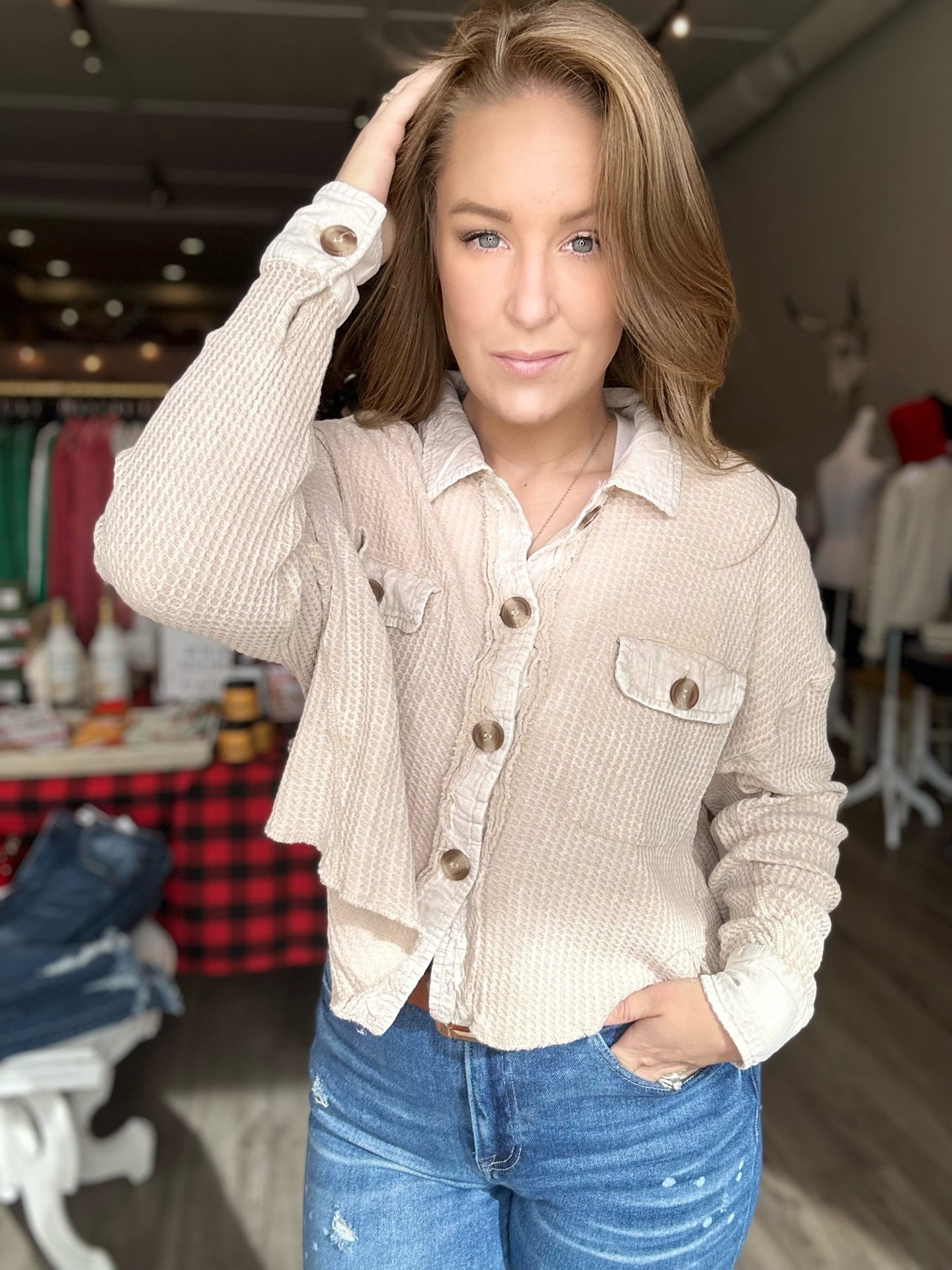 Beige Waffle Button Up Waist Shacket