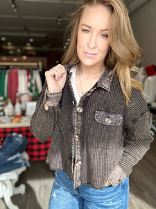 Black Waffle Button Up Waist Shacket