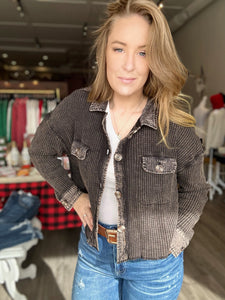 Black Waffle Button Up Waist Shacket