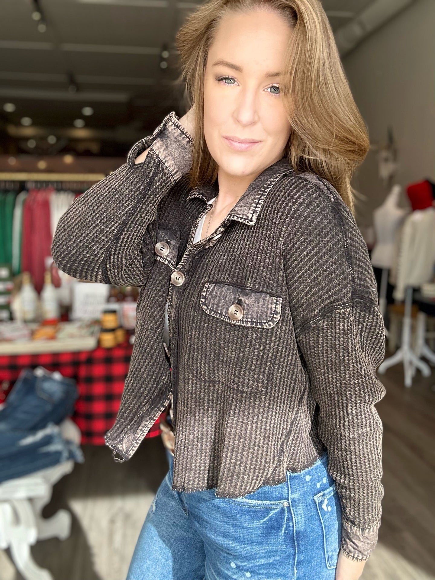 Black Waffle Button Up Waist Shacket