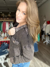 Load image into Gallery viewer, Black Waffle Button Up Waist Shacket