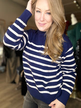 Load image into Gallery viewer, Navy Striped Long Sleeve Crewneck