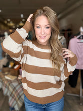 Load image into Gallery viewer, Camel Striped Drop Shoulder Sweater
