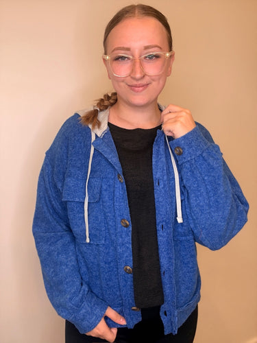 Blue Brushed Hooded Shacket