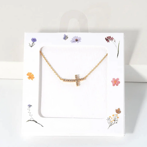 Gold CZ Sideways Cross Necklace