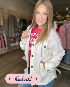 Cream Ribbed Hooded Button Shacket